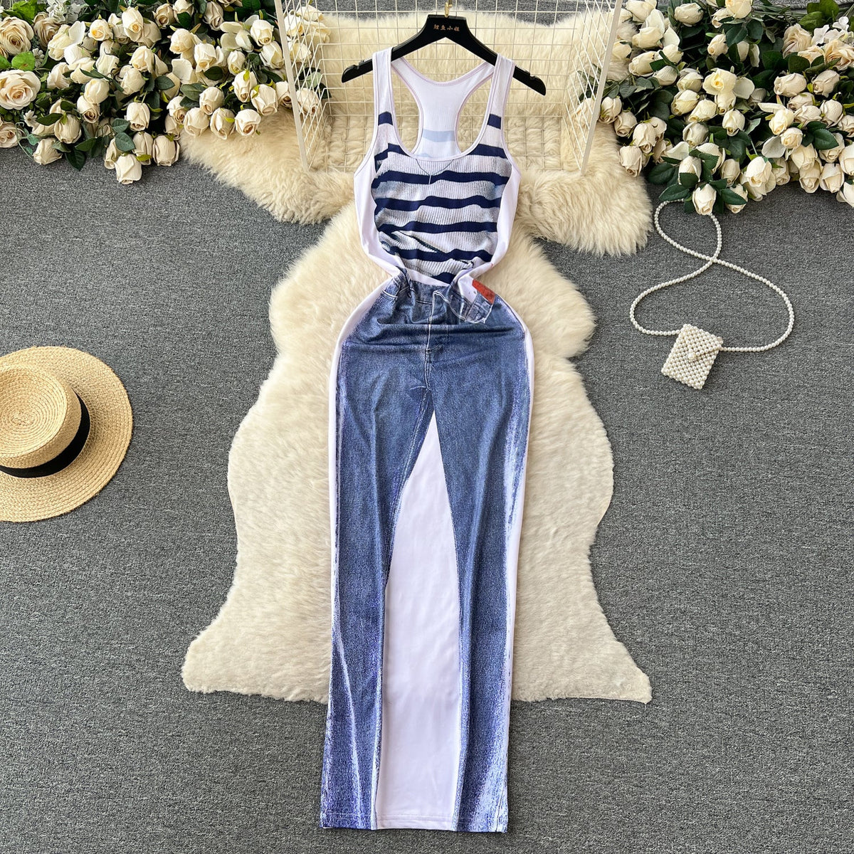 Sleeveless Printed Patchwork Denim Dress