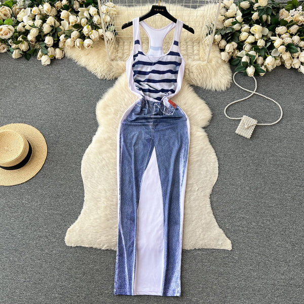 Sleeveless Printed Patchwork Denim Dress