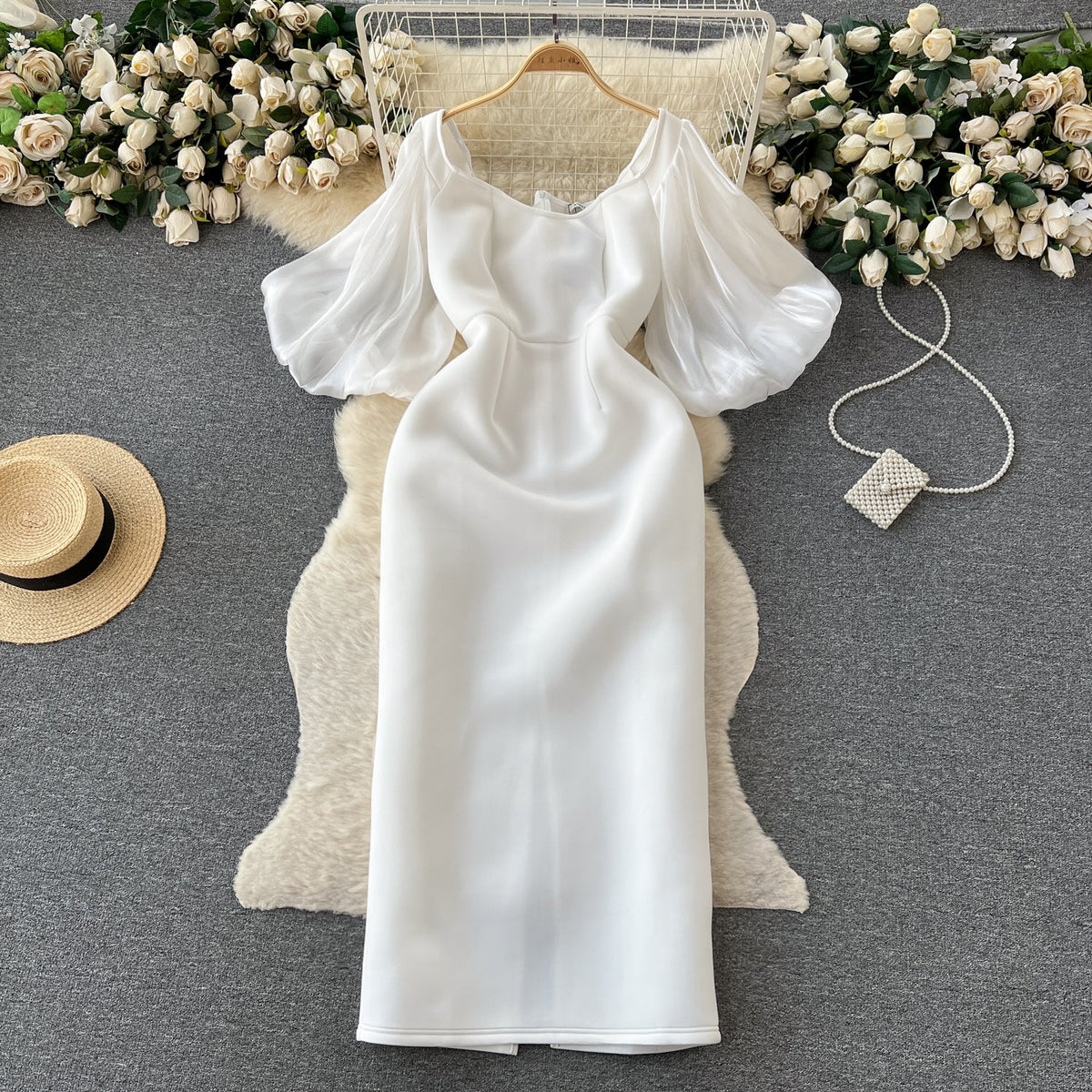 Puffy Sleeve Patchwork White Dress