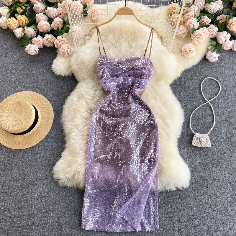 Plise Slim-fit Payetli Askılı Elbise