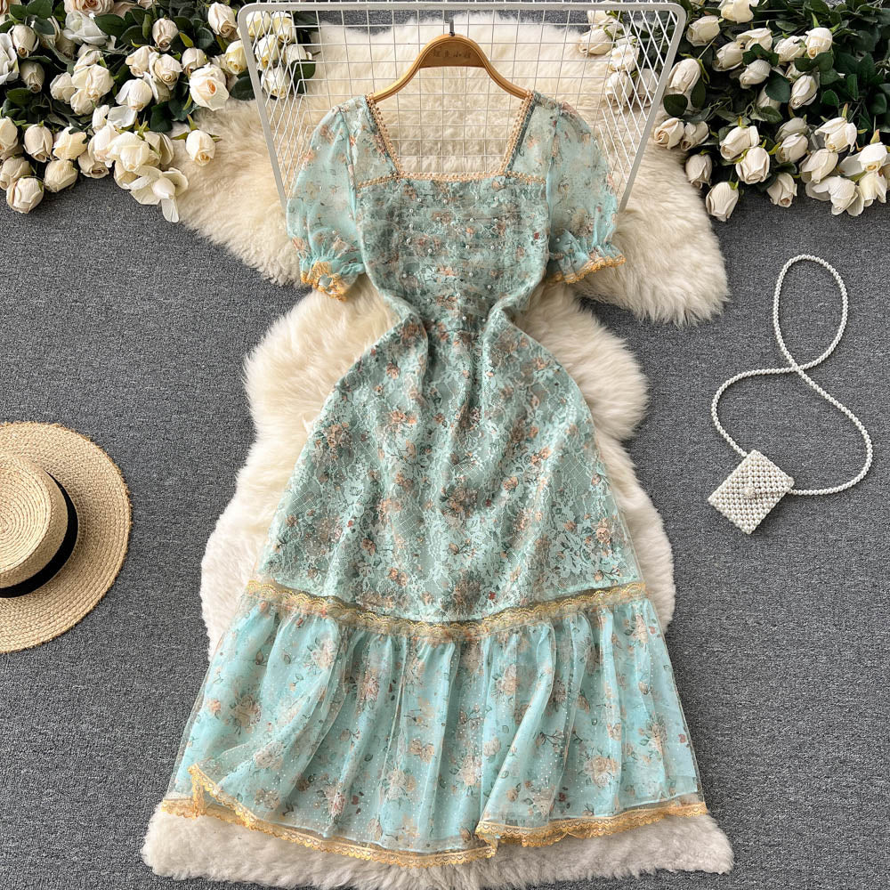 Square-neck A-line Floral Princess Dress