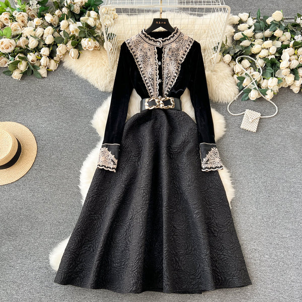 Vintage Embroidered A-line Suede Dress