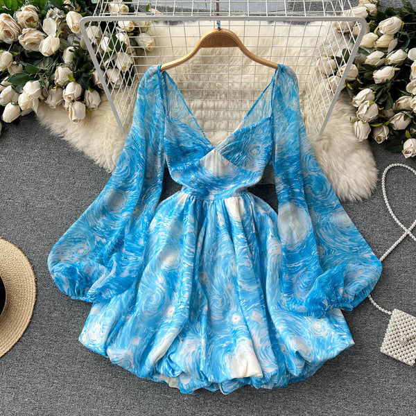 Backless Floral V-neck Puffy Dress