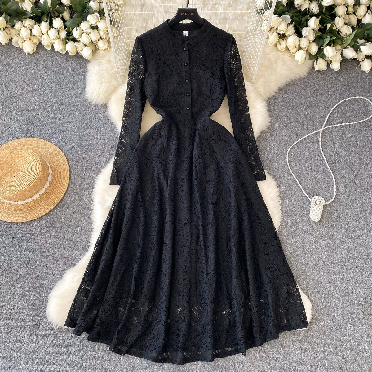Stand Collar Black Lace Shirt Dress
