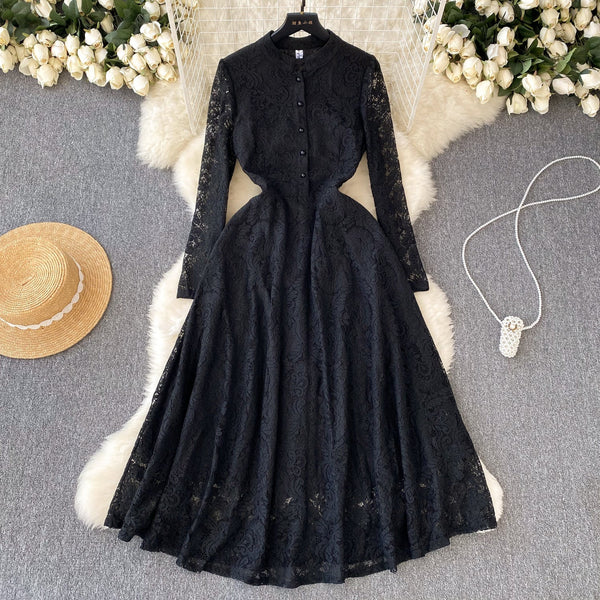 Stand Collar Black Lace Shirt Dress