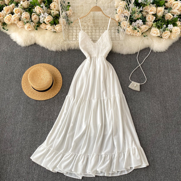 Crochet Knitted Lace-up White Slip Dress