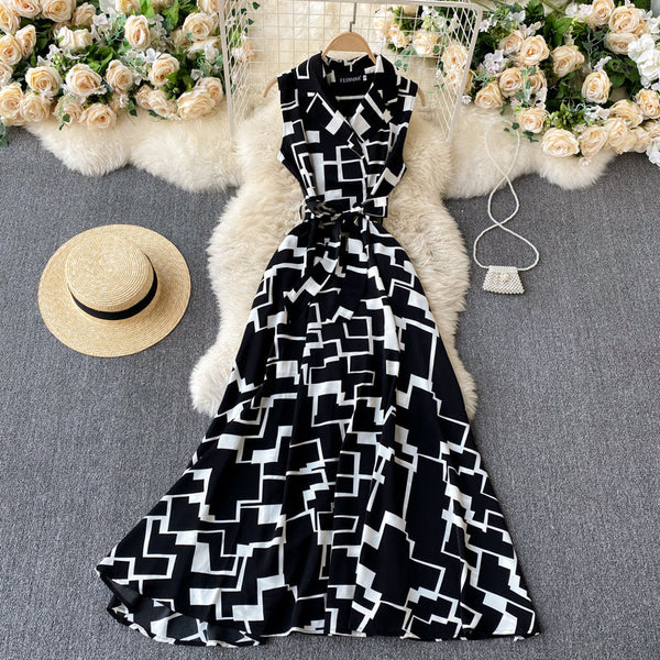 Geometric Printed Lace-up Sleeveless Dress