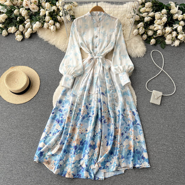 Stand Collar Patchwork Floral Chiffon Dress