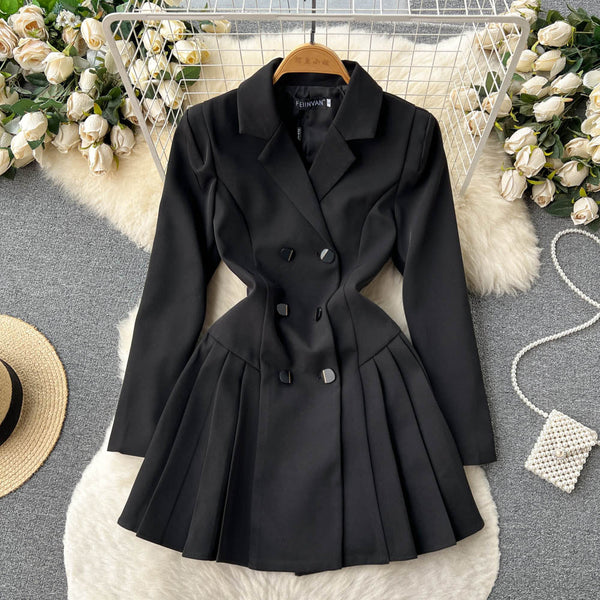 Lapeled Pleated Black Suit Dress