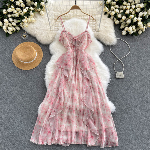 Backless Pink Floral Halter Dress