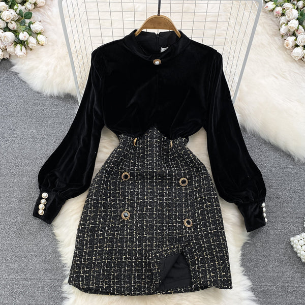 Gold Velvet Patchwork Tweed A-line Dress