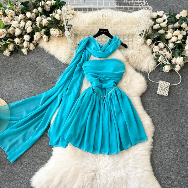 High-end Pleated Blue Dress with Ribbon