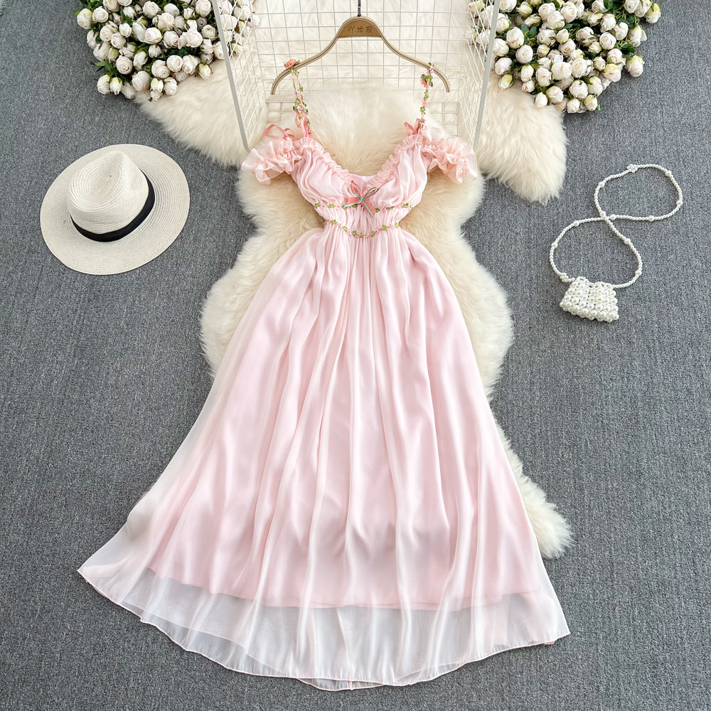 3d Floral Pink Chiffon Halter Dress