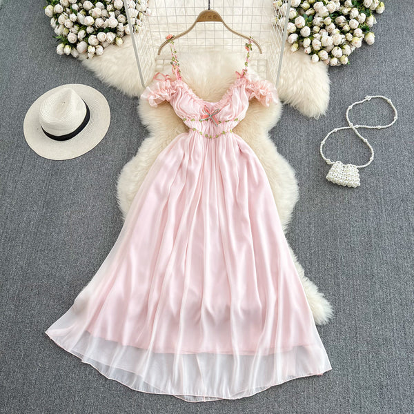 3d Floral Pink Chiffon Halter Dress
