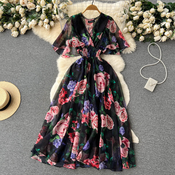 Fairy V-neck Printed Chiffon Dress
