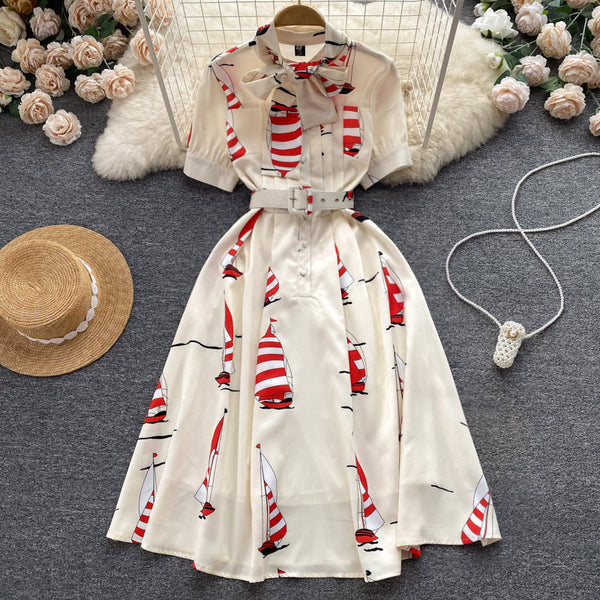 Niche Printed Shirt Dress with Belt