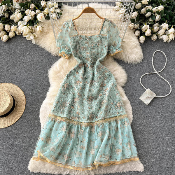 Square Neck Puff Sleeve A-line Dress