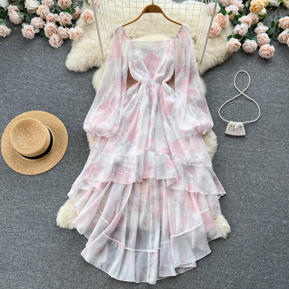 Sweet Square-neck Ruffle Printed Dress