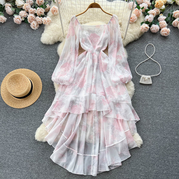 Sweet Square-neck Ruffle Printed Dress