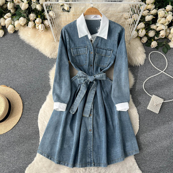 Patchwork Lapeled Denim Shirt Dress