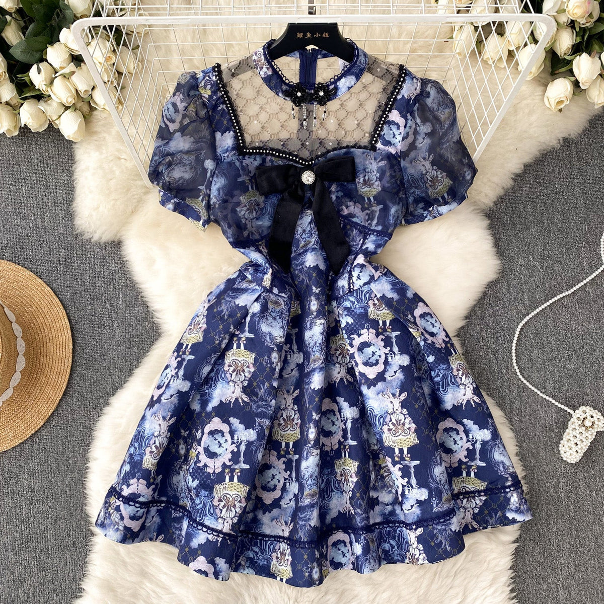 Stand Collar Mesh Patchwork Dress