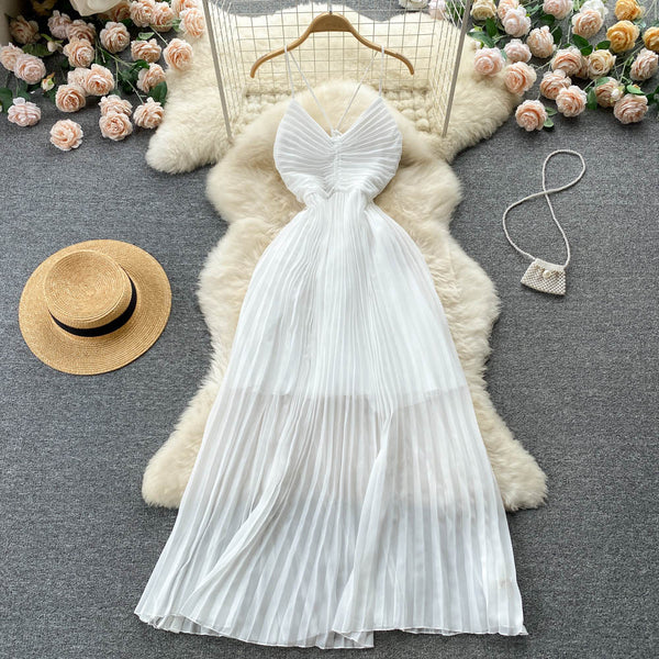High-waist Pleated White Chiffon Dress