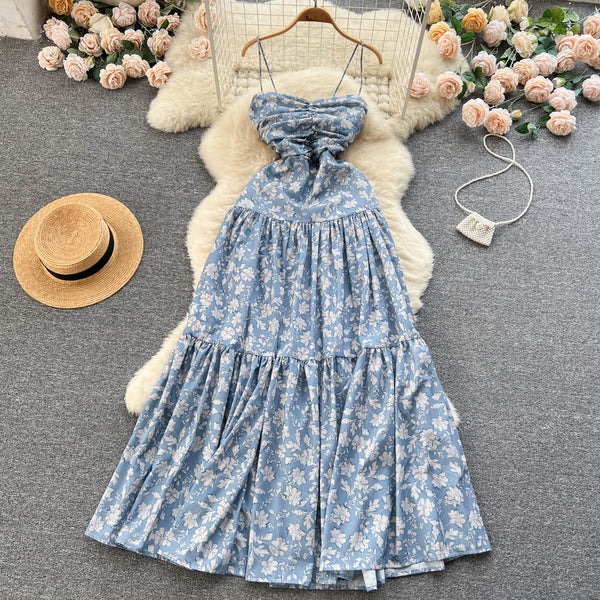 Backless Floral Printed Halter Dress