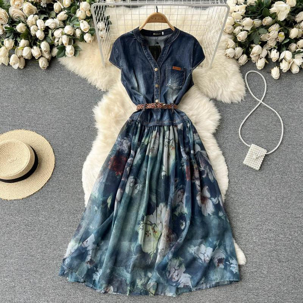 V-neck Denim Patchwork Chiffon Dress