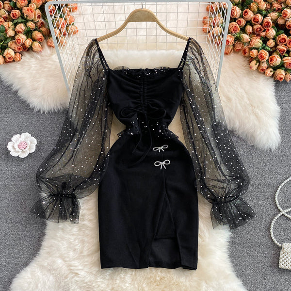Shimmering Mesh Patchwork Black Dress