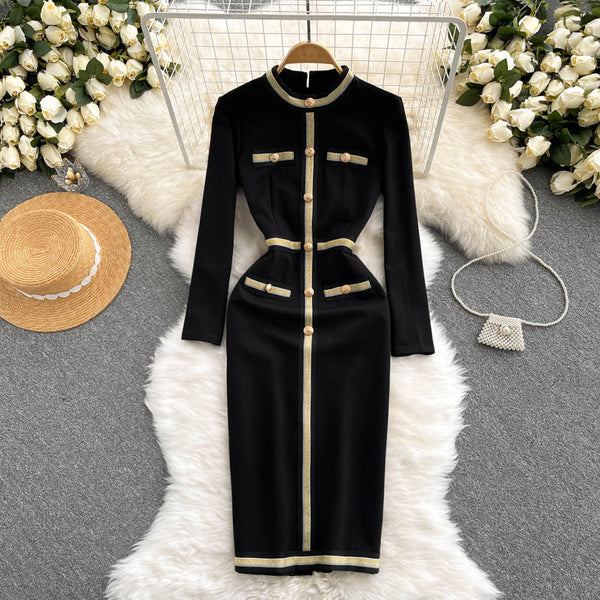 High-end Single-breasted Black Dress