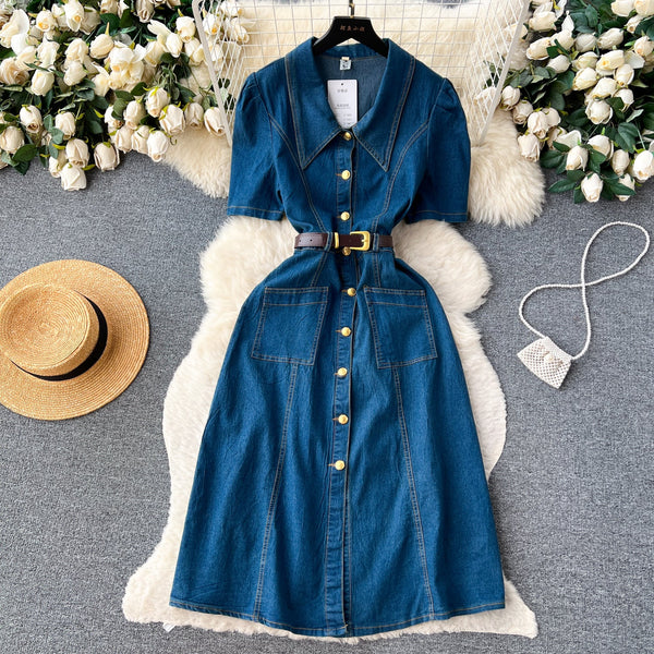 Lapel Single-breasted Denim Shirt Dress