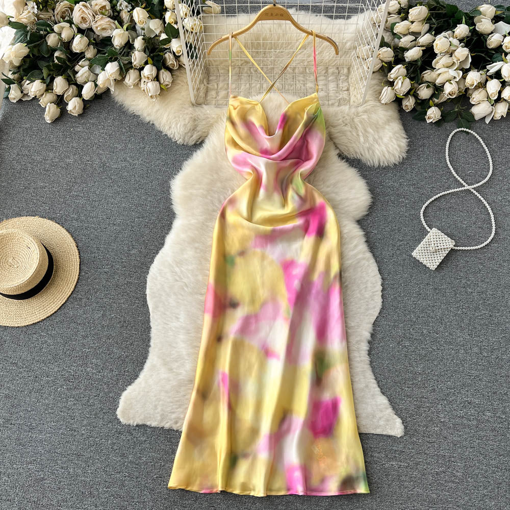 Satin Tie-dye Crossover Halter Dress