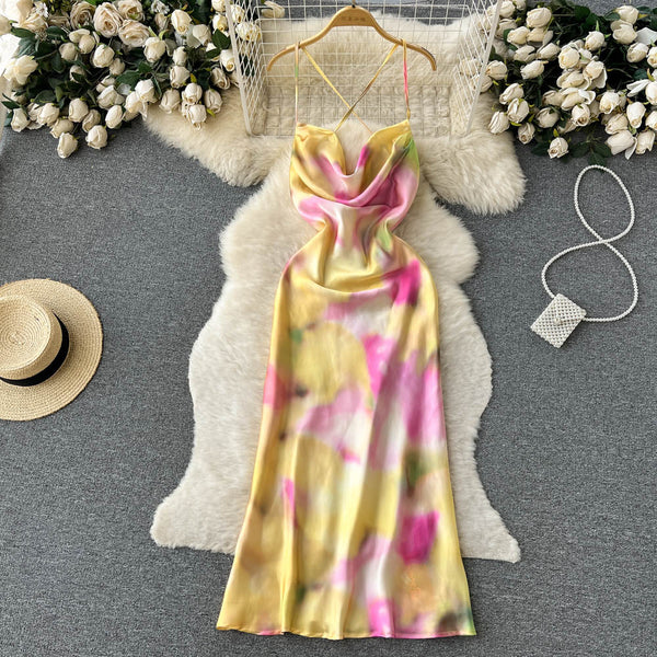 Satin Tie-dye Crossover Halter Dress