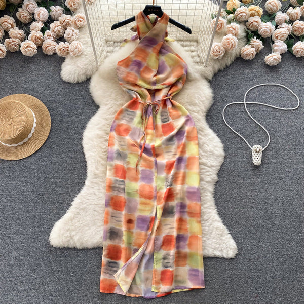 Niche Colorful Plaid Sleeveless Halter Dress