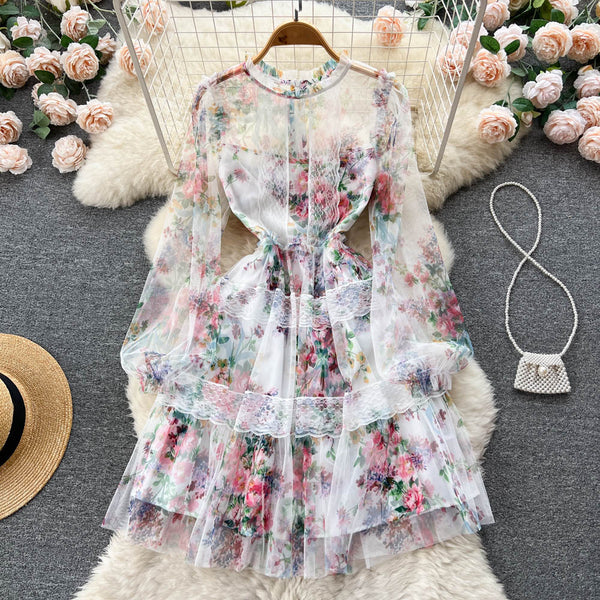Sweet Floral Printed Lace Dress