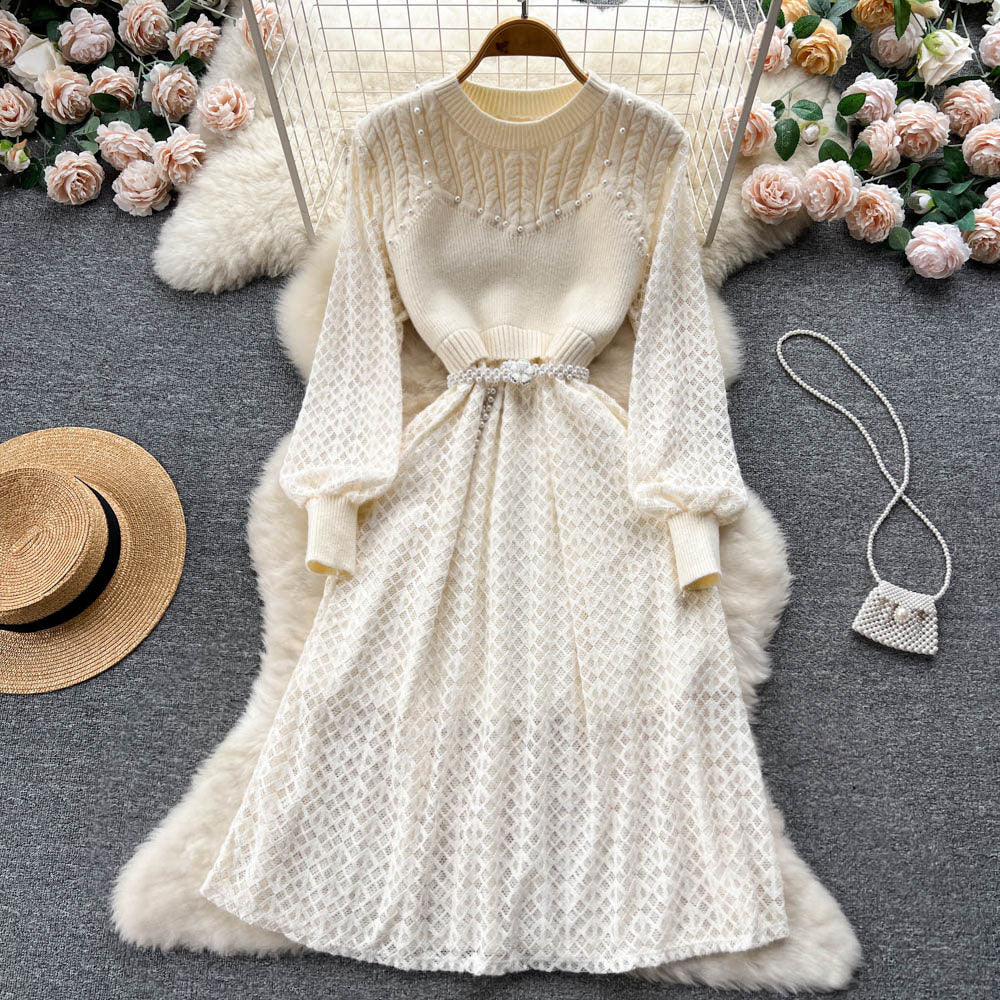Elegant Beaded Lace Knitted White Dress