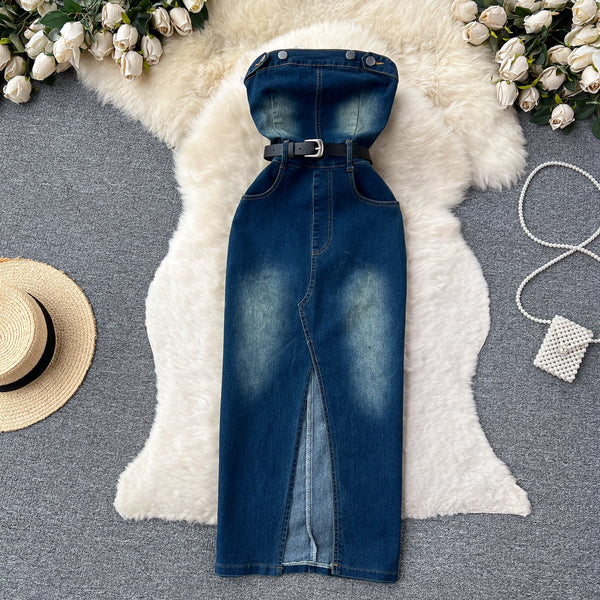 Vintage Strapless Denim Split Dress