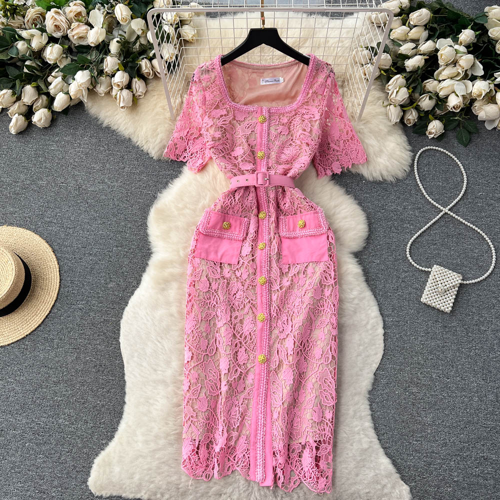 Pink Lace Embroidered Hollowed Dress