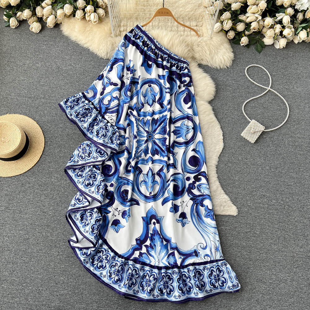 Irregular Celadon Printed One-shoulder Dress