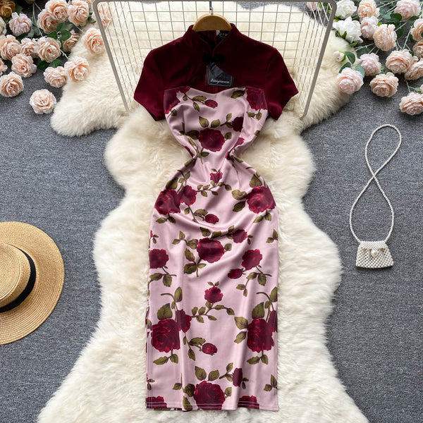 Niche Color Blocking Printed Floral Dress