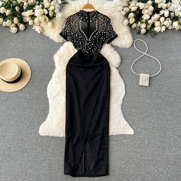 Beaded Patchwork Split Black Dress