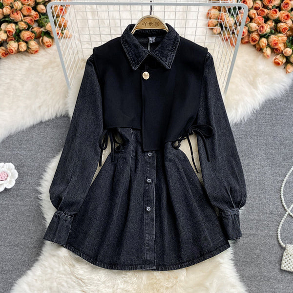 Faux Two-piece Lapeled Denim Dress