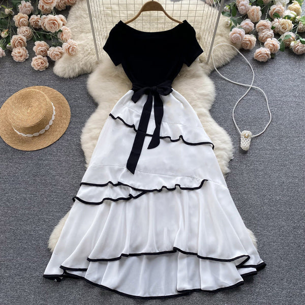 Black&White Lace-up A-line Dress