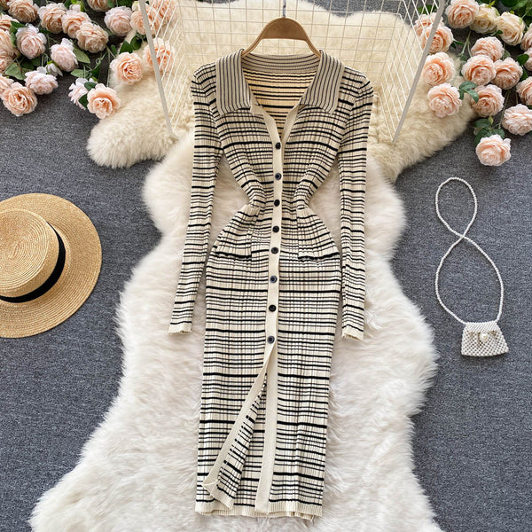 Vintage Striped Knitted Bottoming Shirt Dress