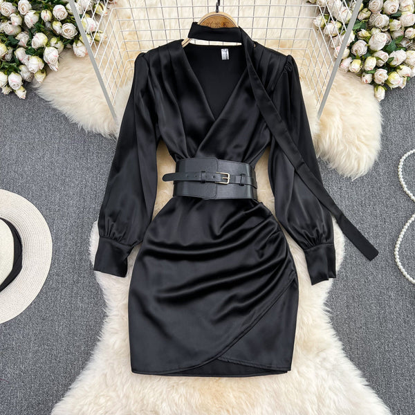 Acetate Satin V-neck Pleated Black Dress