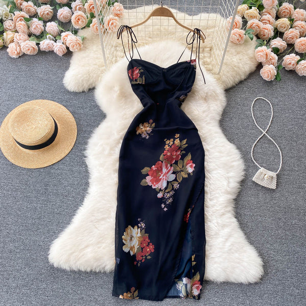 Vintage Floral Printed Black Chiffon Dress