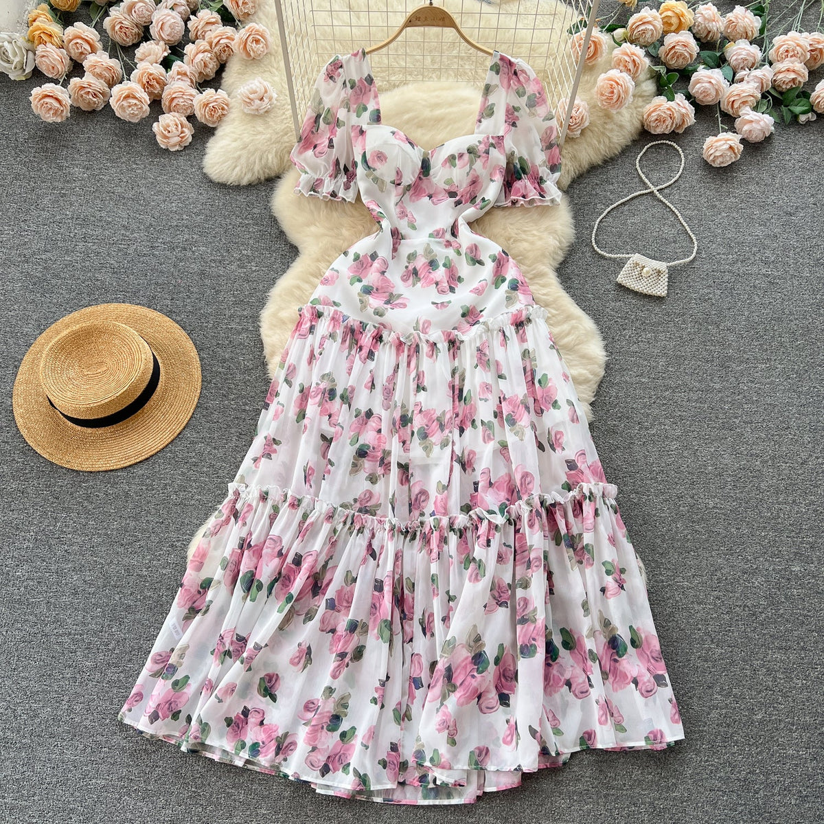Square Collar Puff Sleeve Floral Dress