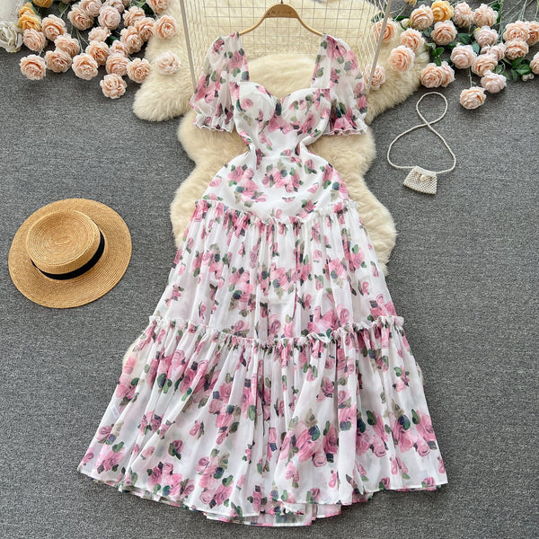 Square Collar Puff Sleeve Floral Dress