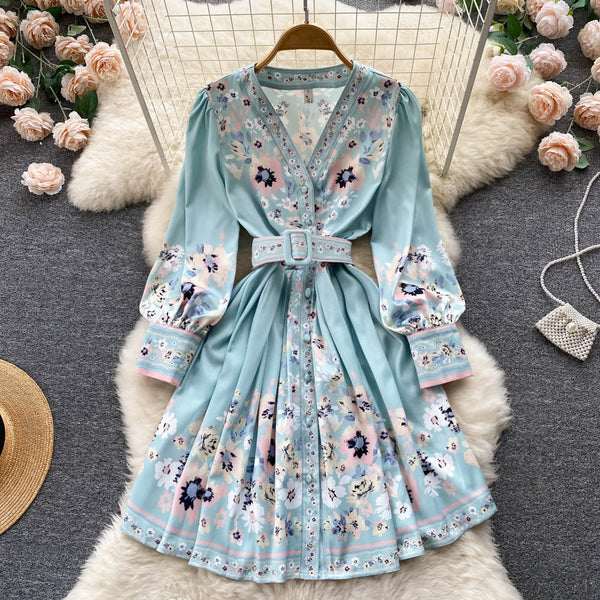 Flower Printed Long Sleeve Lace-up Dress