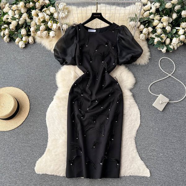 Beaded Feather-decorated Black Dress